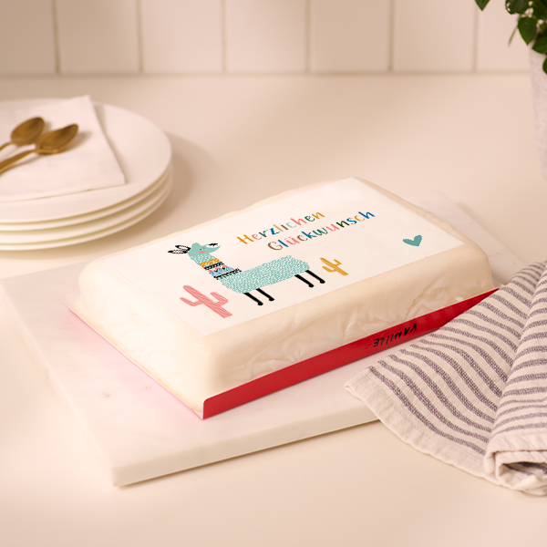 Biskuittorte „Herzlichen Glückwunsch mit Lama