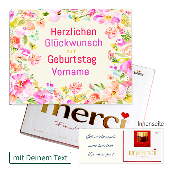 Persönliche Grußkarte mit Merci: Herzlichen Glückwunsch zum Geburtstag „Vorname“ (250 g)
