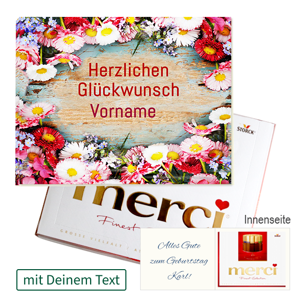 Persönliche Grußkarte mit Merci: Herzlichen Glückwunsch „Vorname“ (250 g)